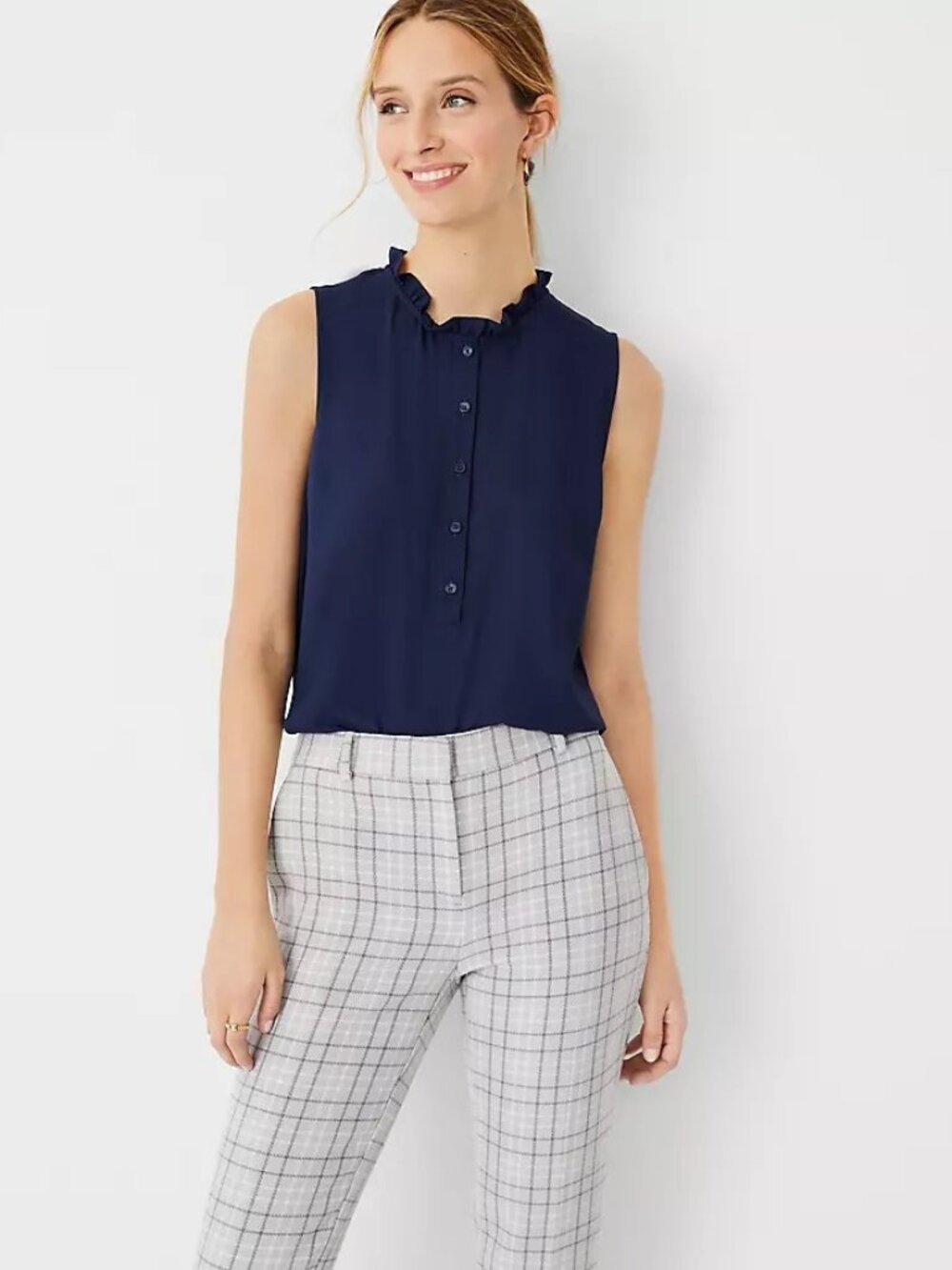 Loft Ruffle Neck Mixed Media Blue Blouse in Small